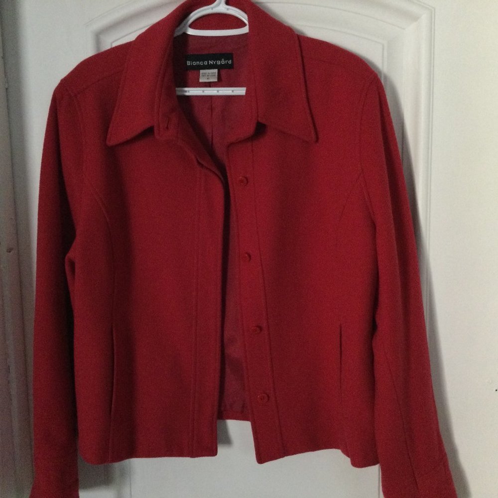 Bianca Nygard women's fall jacket short red hidden buttons size 12 70% wool
